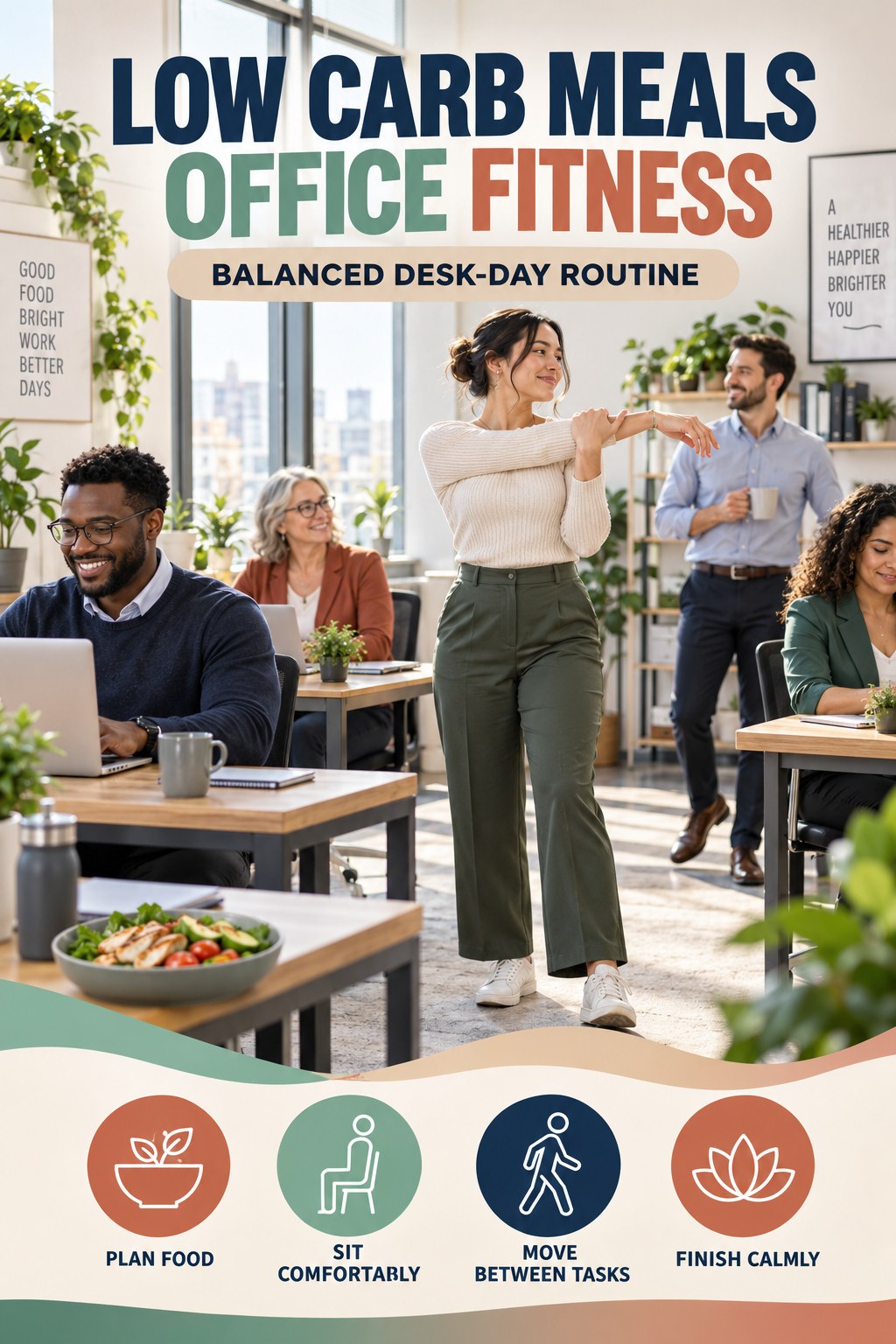 Low Carb Meals office-fitness graphic titled Balanced Desk-Day Routine with four practical workday movement prompts.