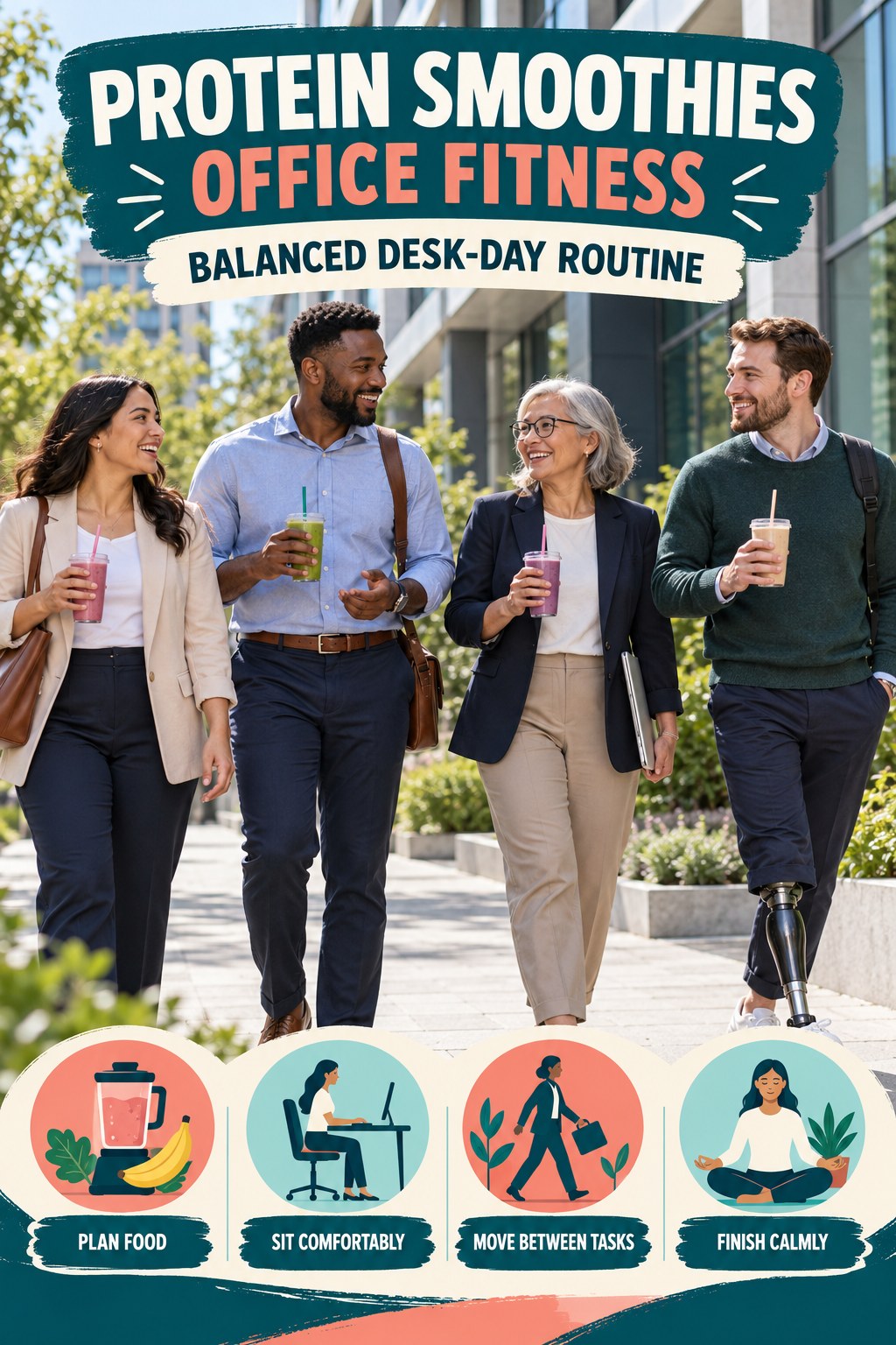 Protein Smoothies office-fitness graphic titled Balanced Desk-Day Routine with four practical workday movement prompts.