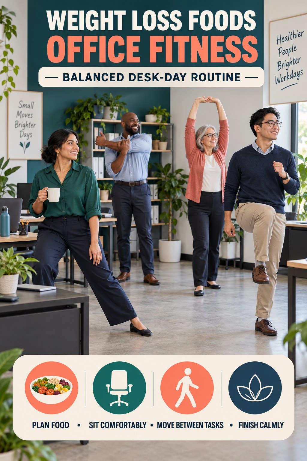 Weight Loss Foods office-fitness graphic titled Balanced Desk-Day Routine with four practical workday movement prompts.