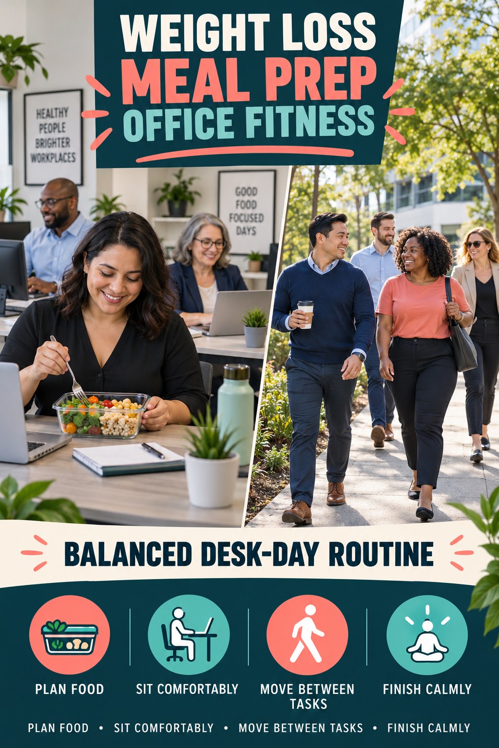 Weight Loss Meal Prep office-fitness graphic titled Balanced Desk-Day Routine with four practical workday movement prompts.