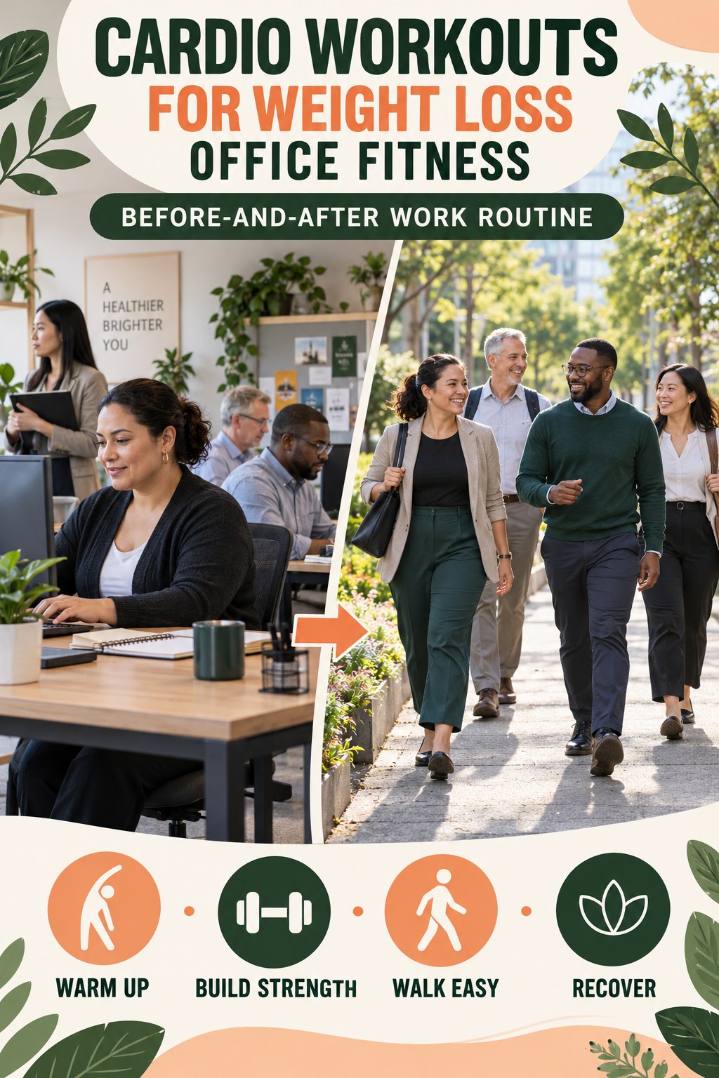 Cardio Workouts for Weight Loss office-fitness graphic titled Before-and-After Work Routine with four practical workday movement prompts.