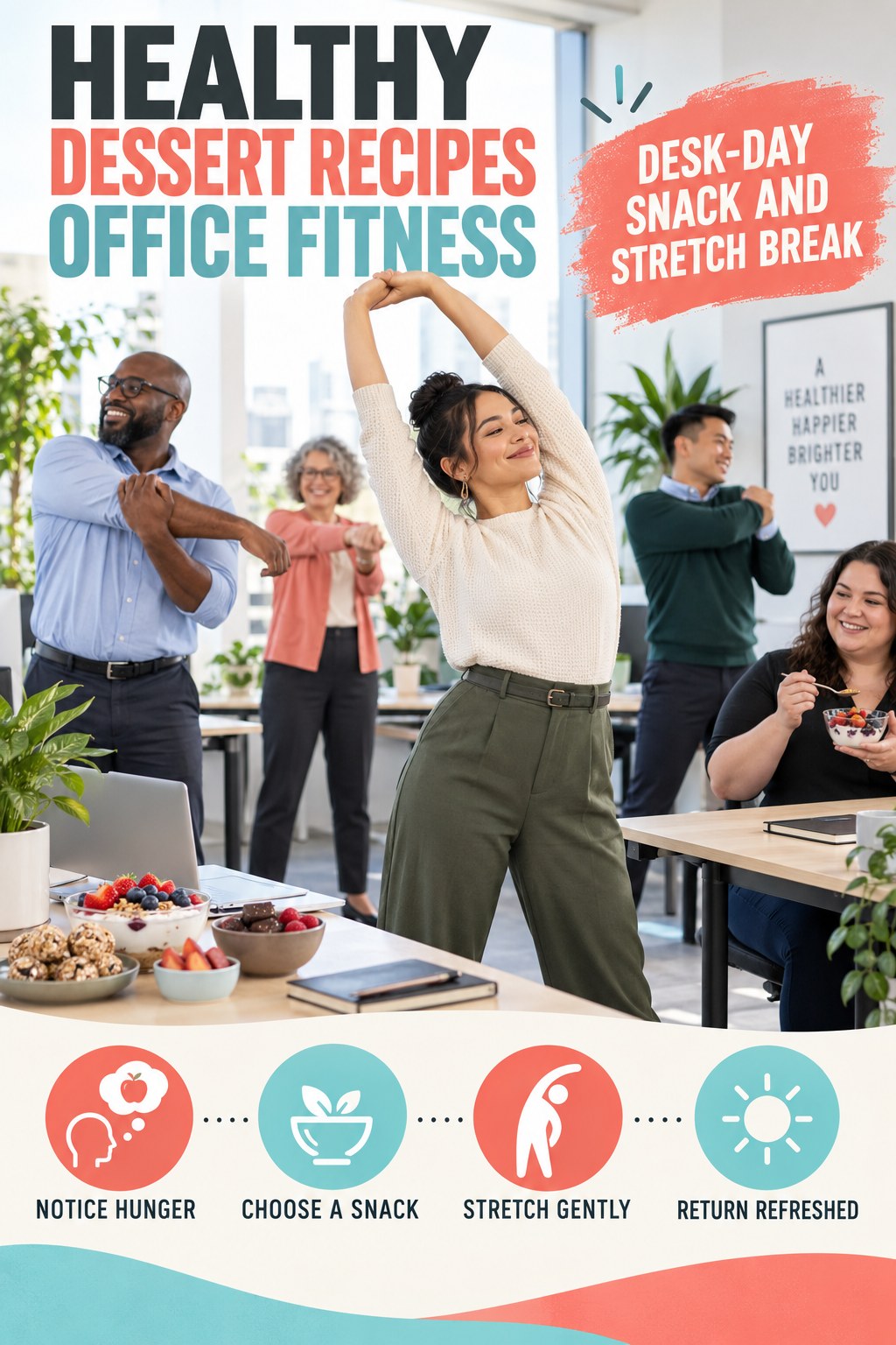 Healthy Dessert Recipes office-fitness graphic titled Desk-Day Snack and Stretch Break with four practical workday movement prompts.