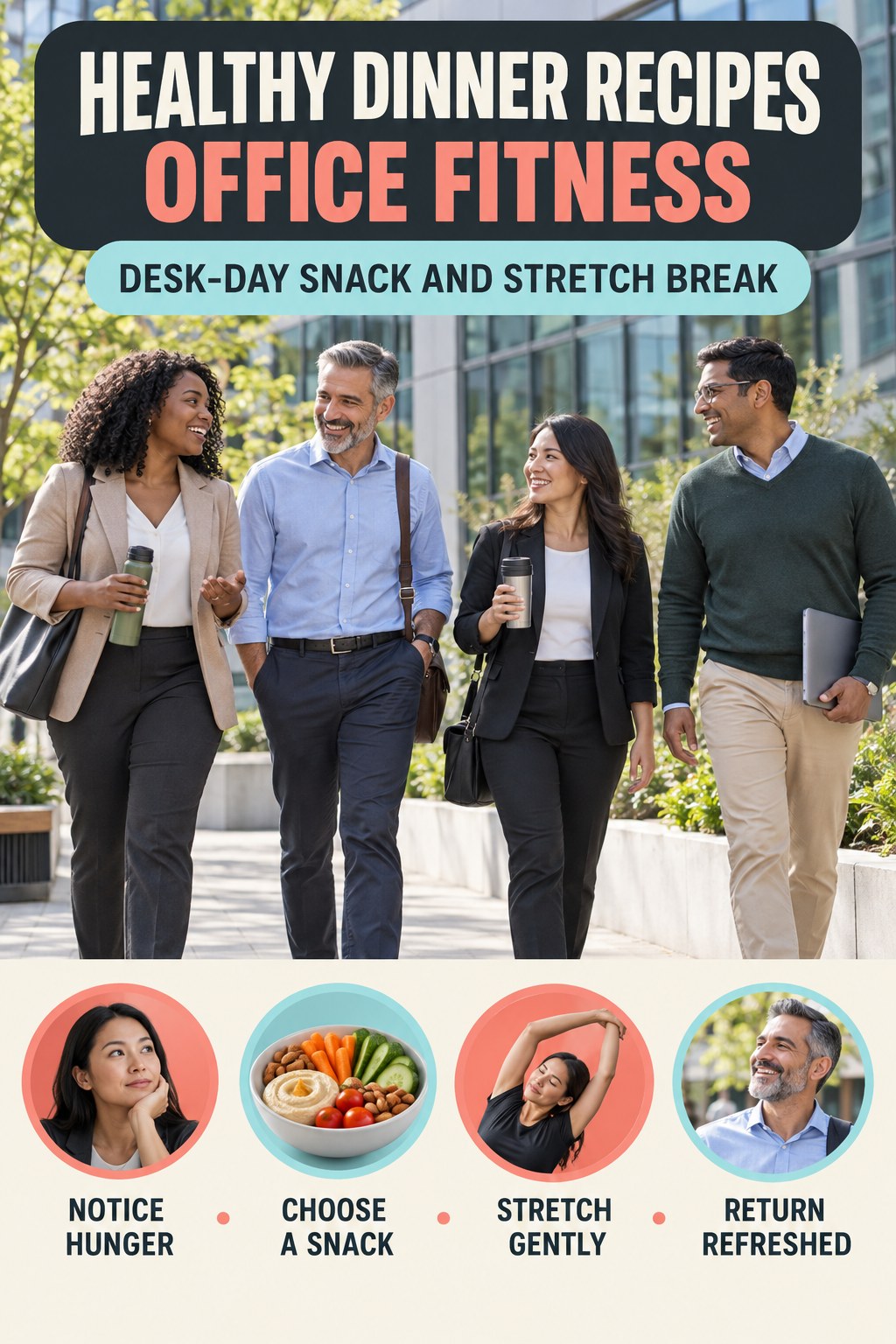 Healthy Dinner Recipes office-fitness graphic titled Desk-Day Snack and Stretch Break with four practical workday movement prompts.
