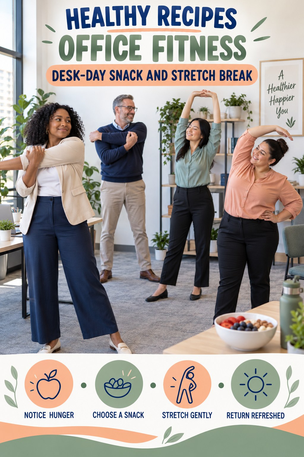 Healthy Recipes office-fitness graphic titled Desk-Day Snack and Stretch Break with four practical workday movement prompts.