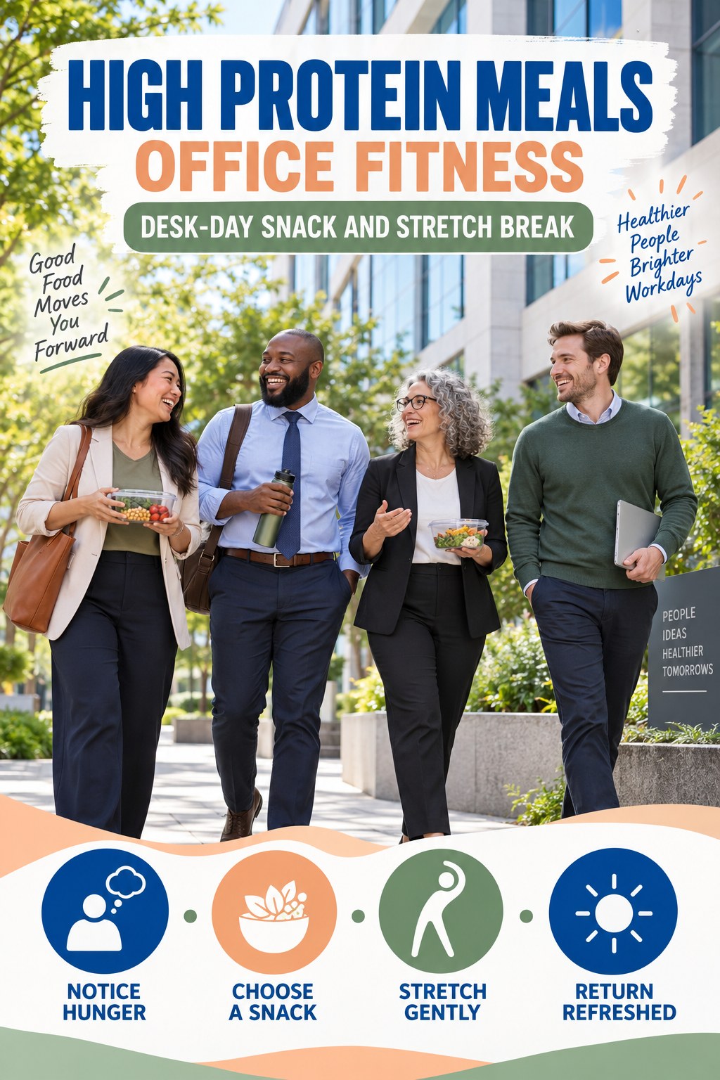 High Protein Meals office-fitness graphic titled Desk-Day Snack and Stretch Break with four practical workday movement prompts.