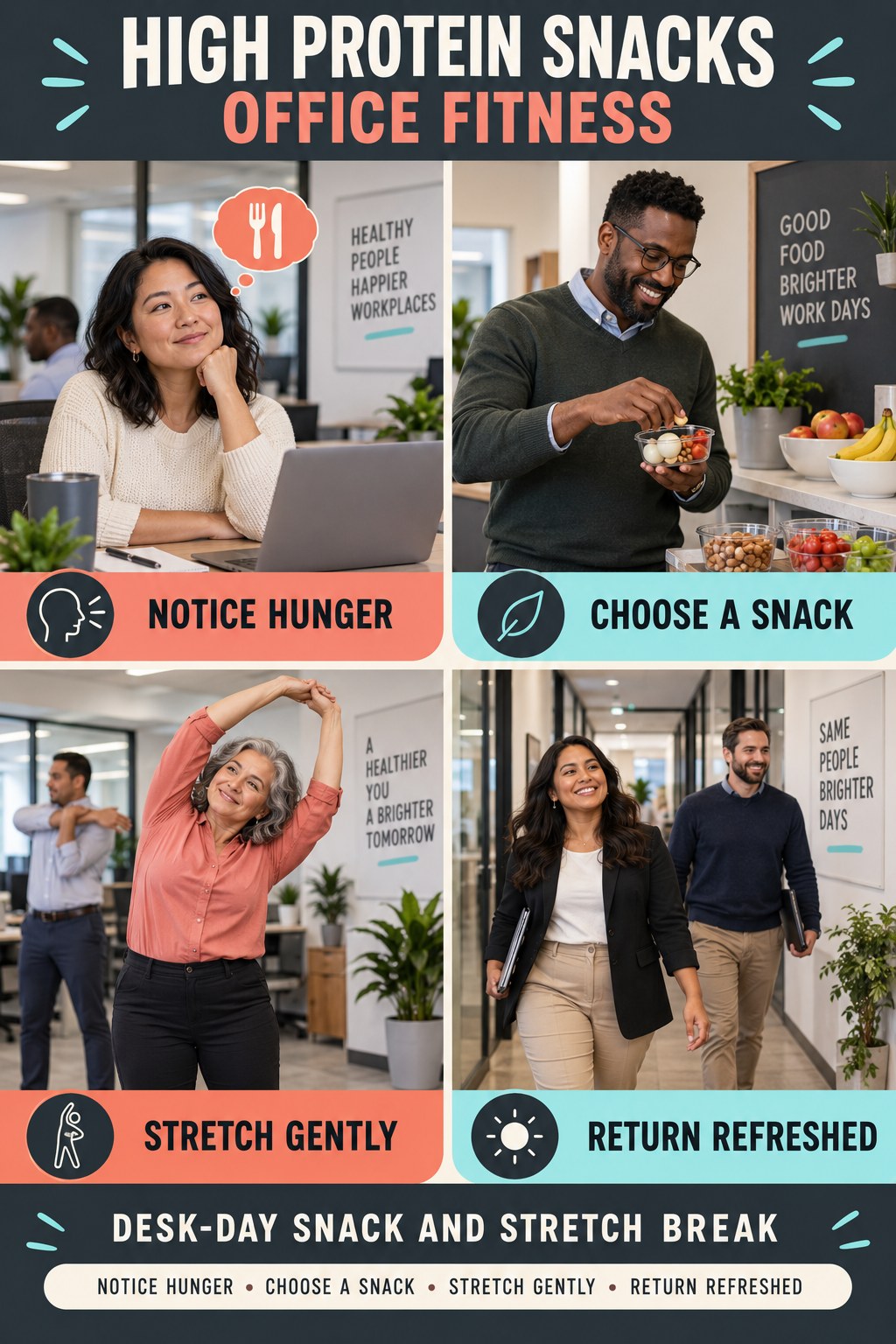 High Protein Snacks office-fitness graphic titled Desk-Day Snack and Stretch Break with four practical workday movement prompts.
