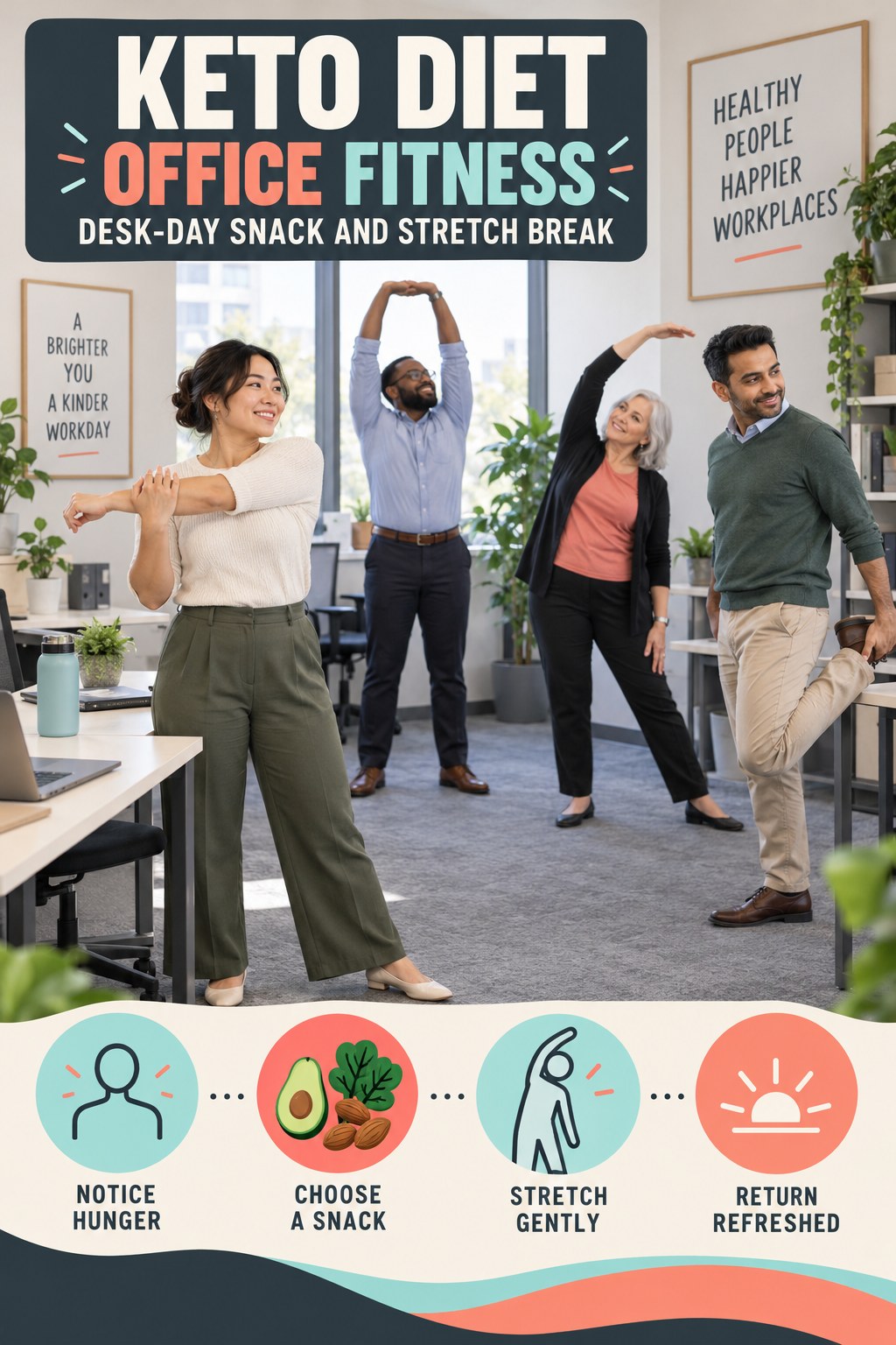 Keto Diet office-fitness graphic titled Desk-Day Snack and Stretch Break with four practical workday movement prompts.