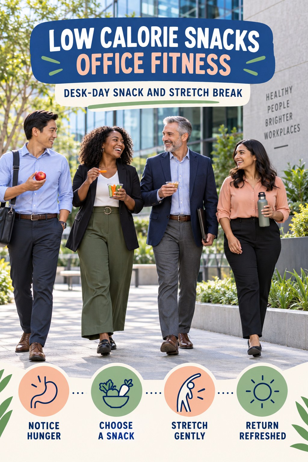 Low Calorie Snacks office-fitness graphic titled Desk-Day Snack and Stretch Break with four practical workday movement prompts.