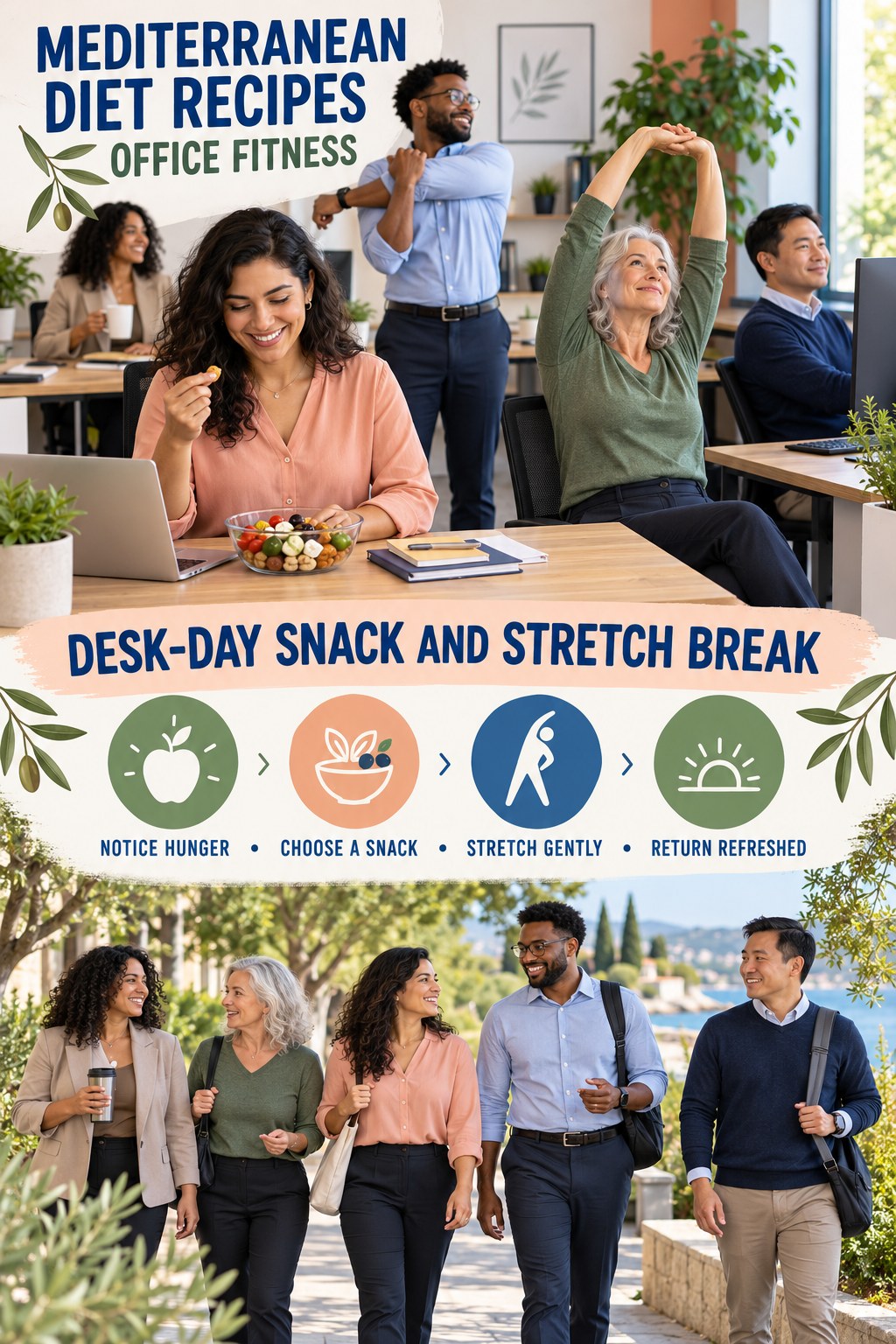 Mediterranean Diet Recipes office-fitness graphic titled Desk-Day Snack and Stretch Break with four practical workday movement prompts.