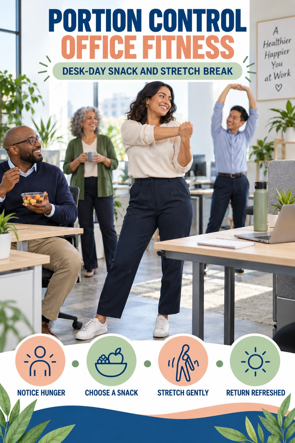 Portion Control office-fitness graphic titled Desk-Day Snack and Stretch Break with four practical workday movement prompts.