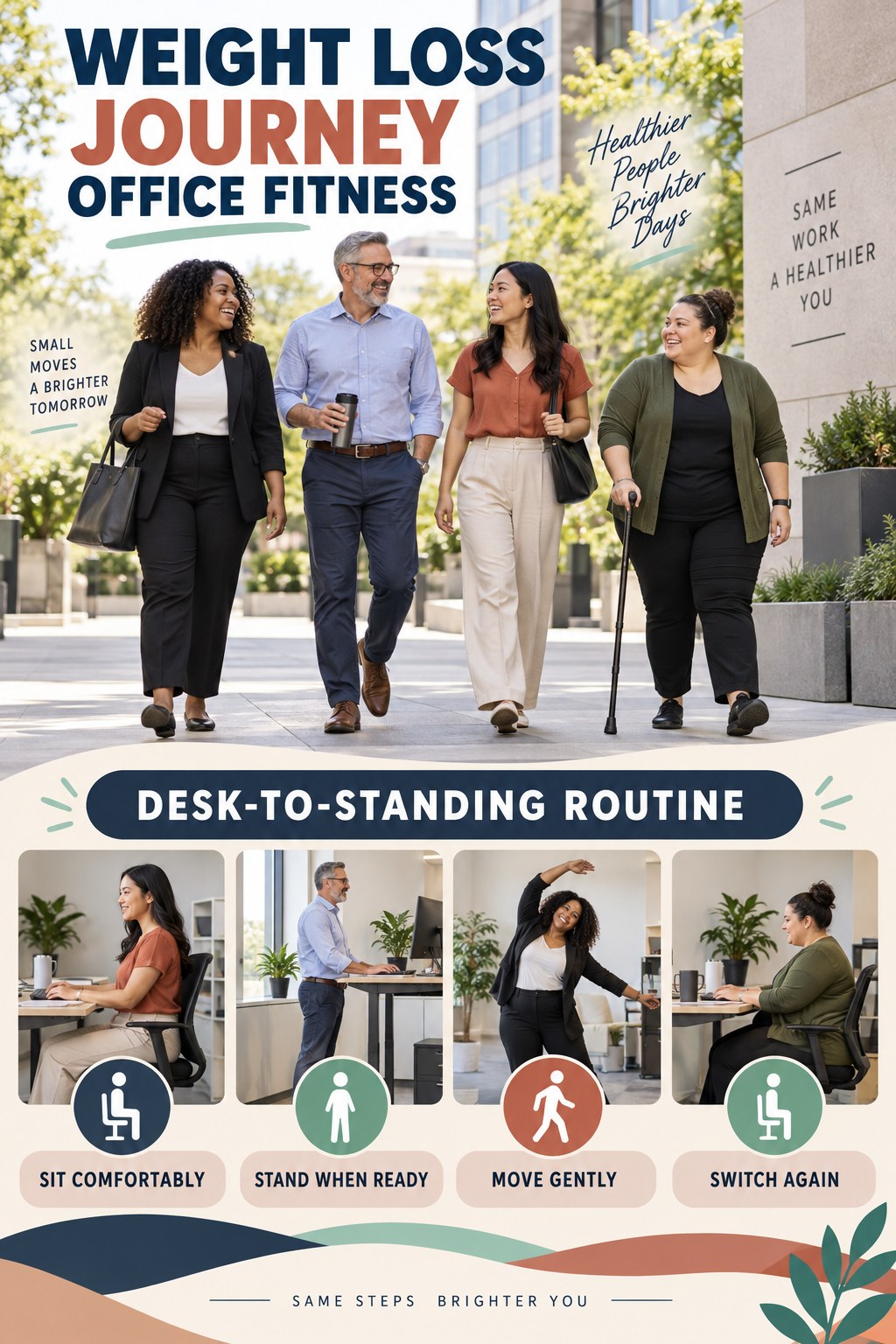 Weight Loss Journey office-fitness graphic titled Desk-to-Standing Routine with four practical workday movement prompts.