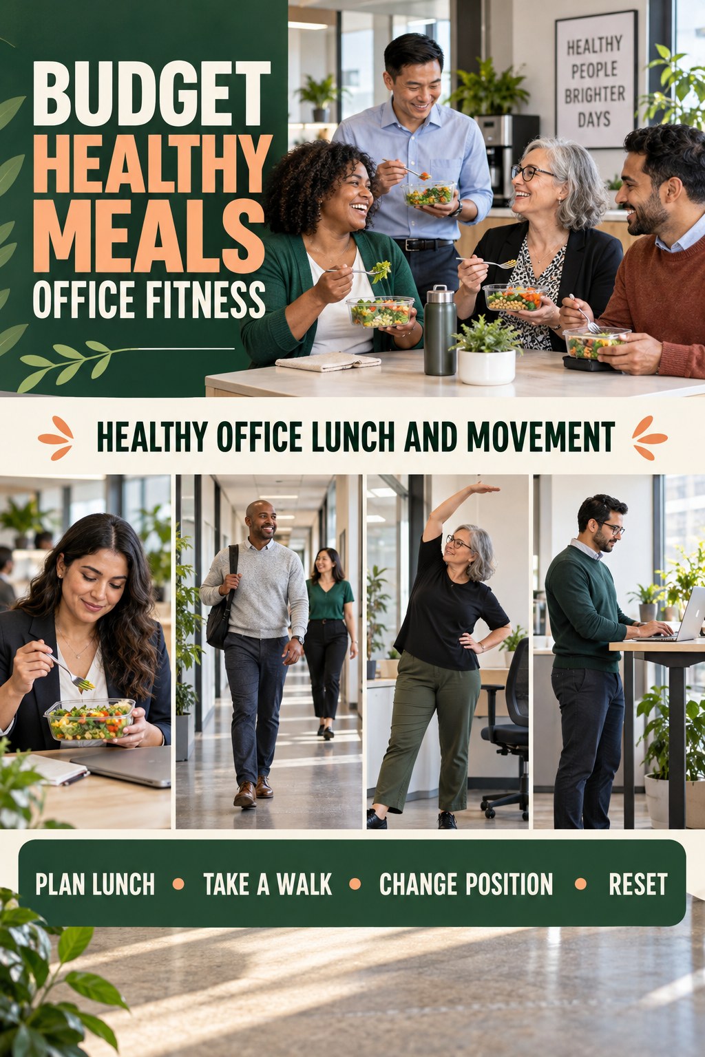 Budget Healthy Meals office-fitness graphic titled Healthy Office Lunch and Movement with four practical workday movement prompts.