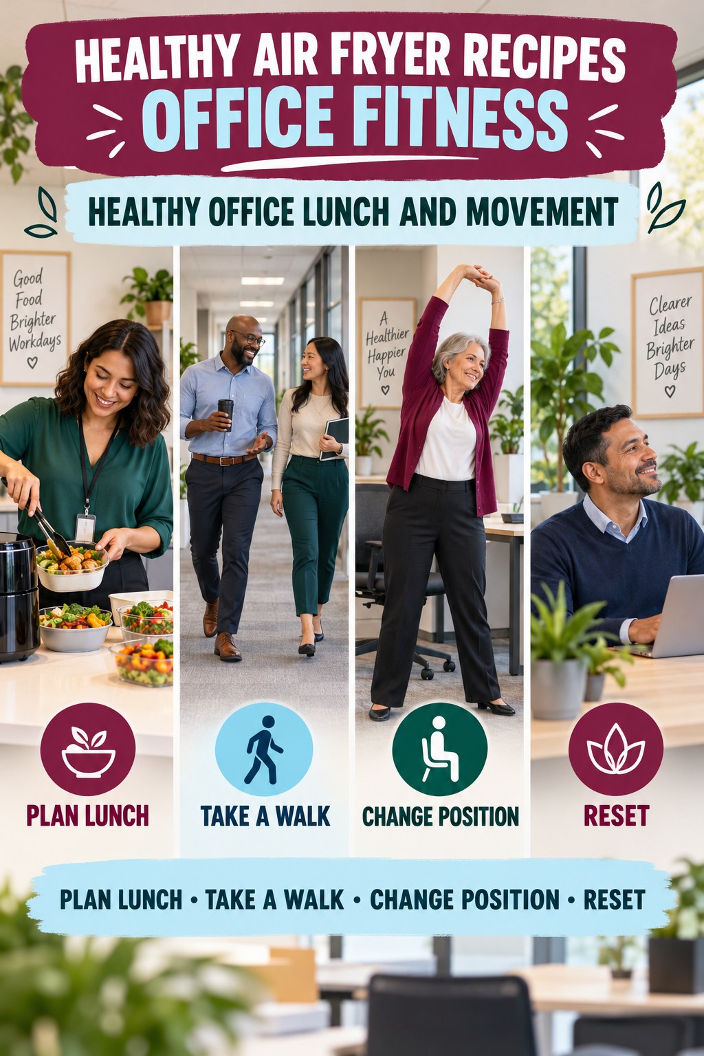 Healthy Air Fryer Recipes office-fitness graphic titled Healthy Office Lunch and Movement with four practical workday movement prompts.