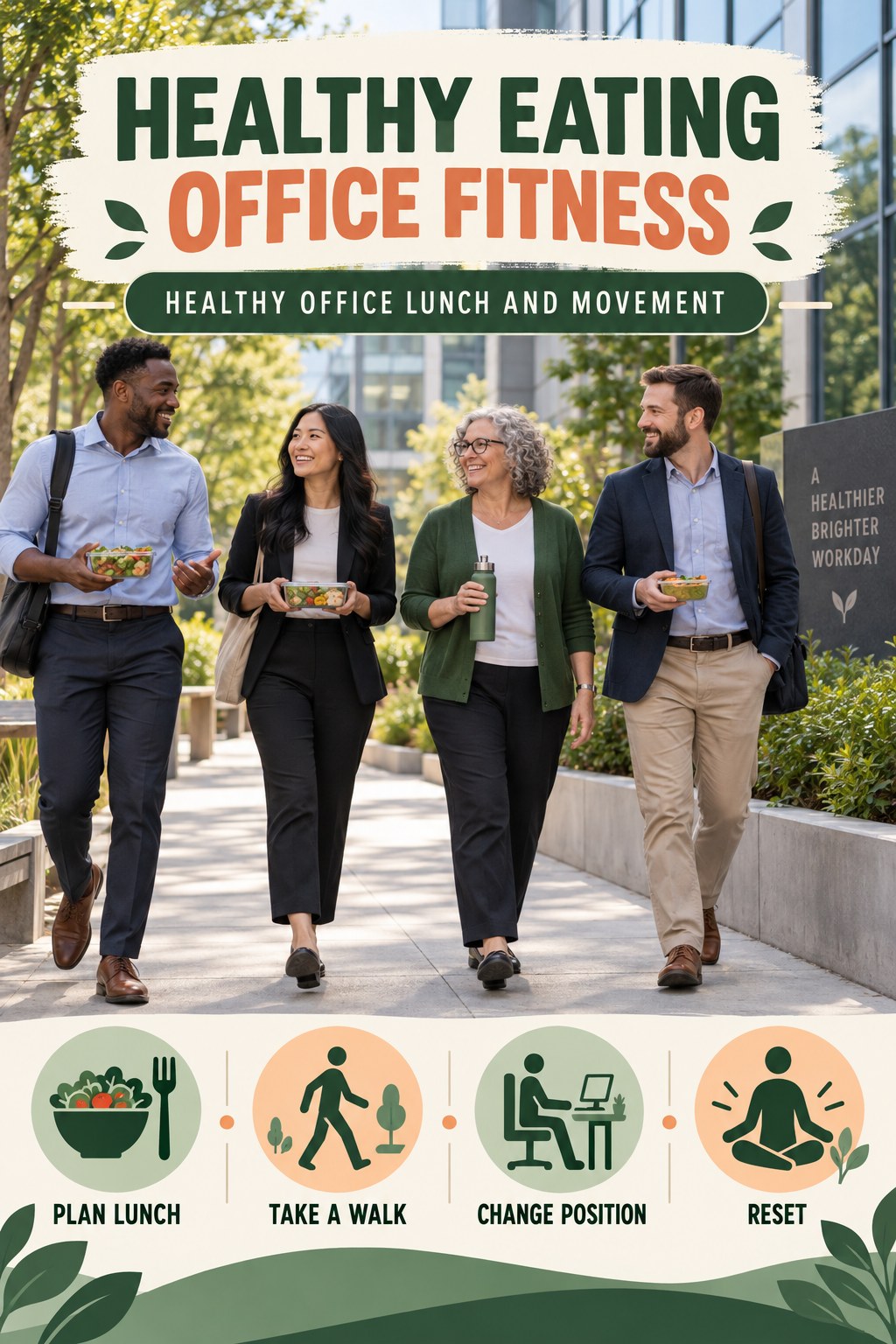 Healthy Eating office-fitness graphic titled Healthy Office Lunch and Movement with four practical workday movement prompts.