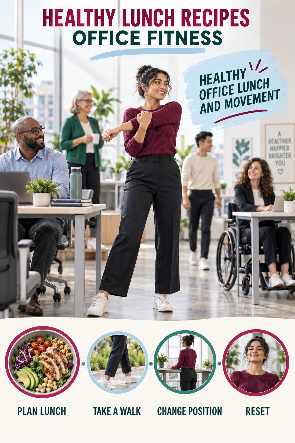 Healthy Lunch Recipes office-fitness graphic titled Healthy Office Lunch and Movement with four practical workday movement prompts.