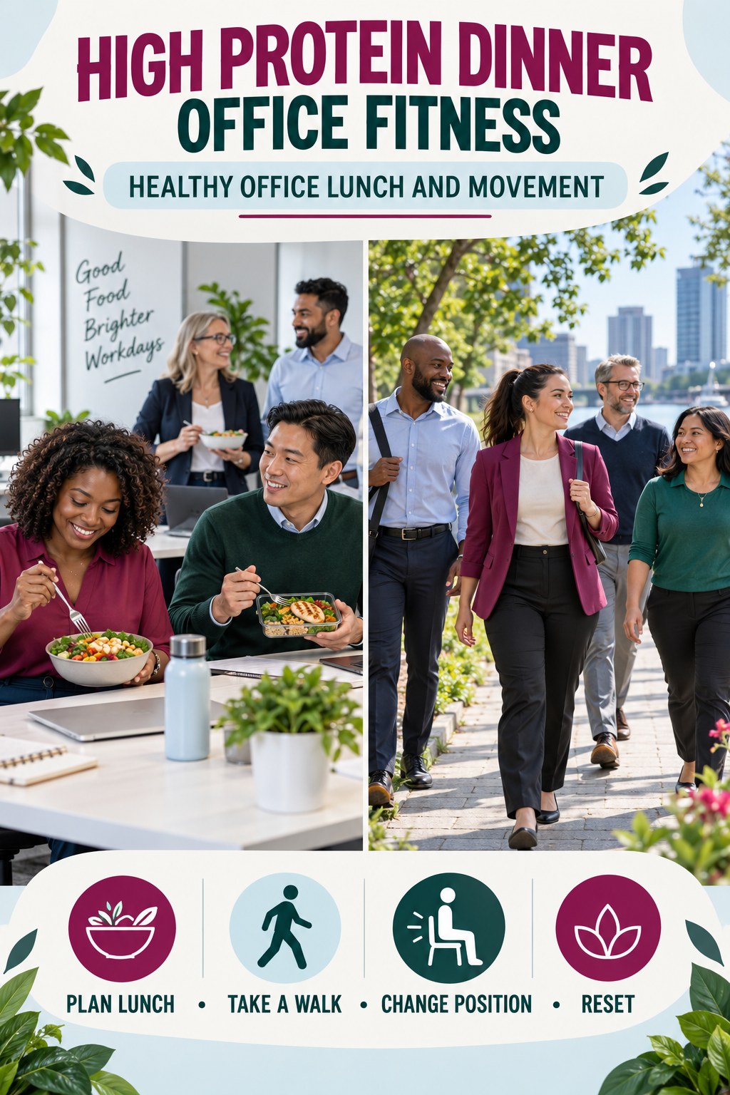 High Protein Dinner office-fitness graphic titled Healthy Office Lunch and Movement with four practical workday movement prompts.