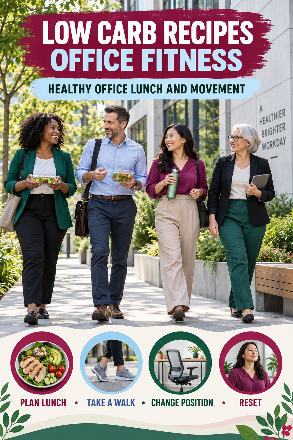 Low Carb Recipes office-fitness graphic titled Healthy Office Lunch and Movement with four practical workday movement prompts.