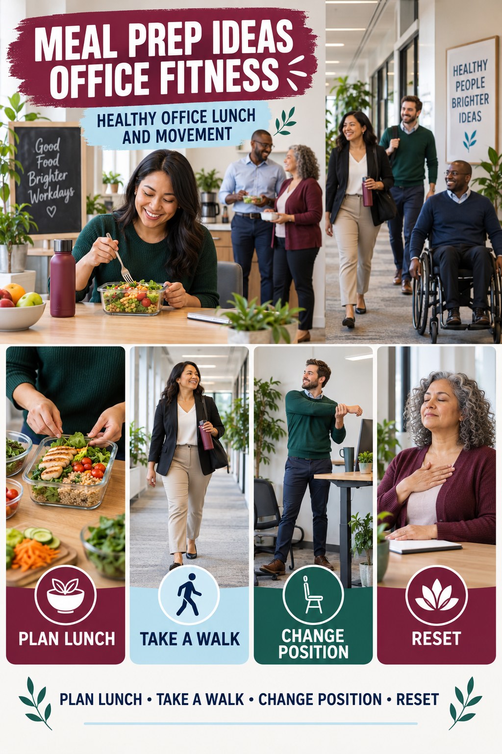Meal Prep Ideas office-fitness graphic titled Healthy Office Lunch and Movement with four practical workday movement prompts.