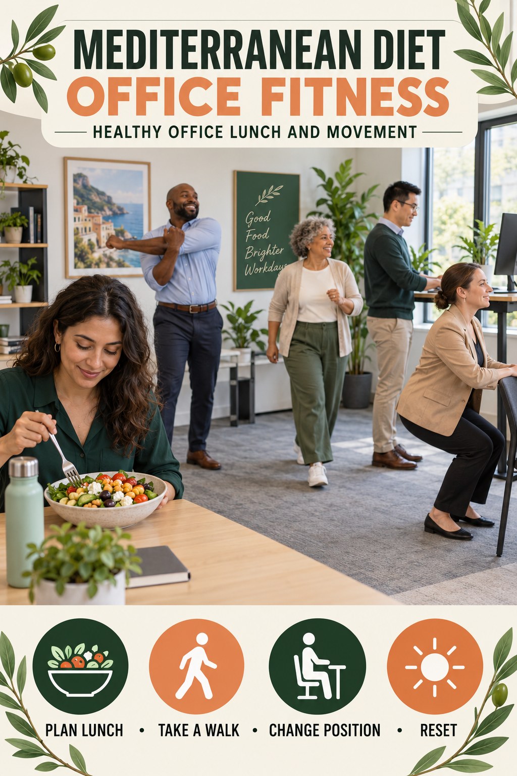 Mediterranean Diet office-fitness graphic titled Healthy Office Lunch and Movement with four practical workday movement prompts.