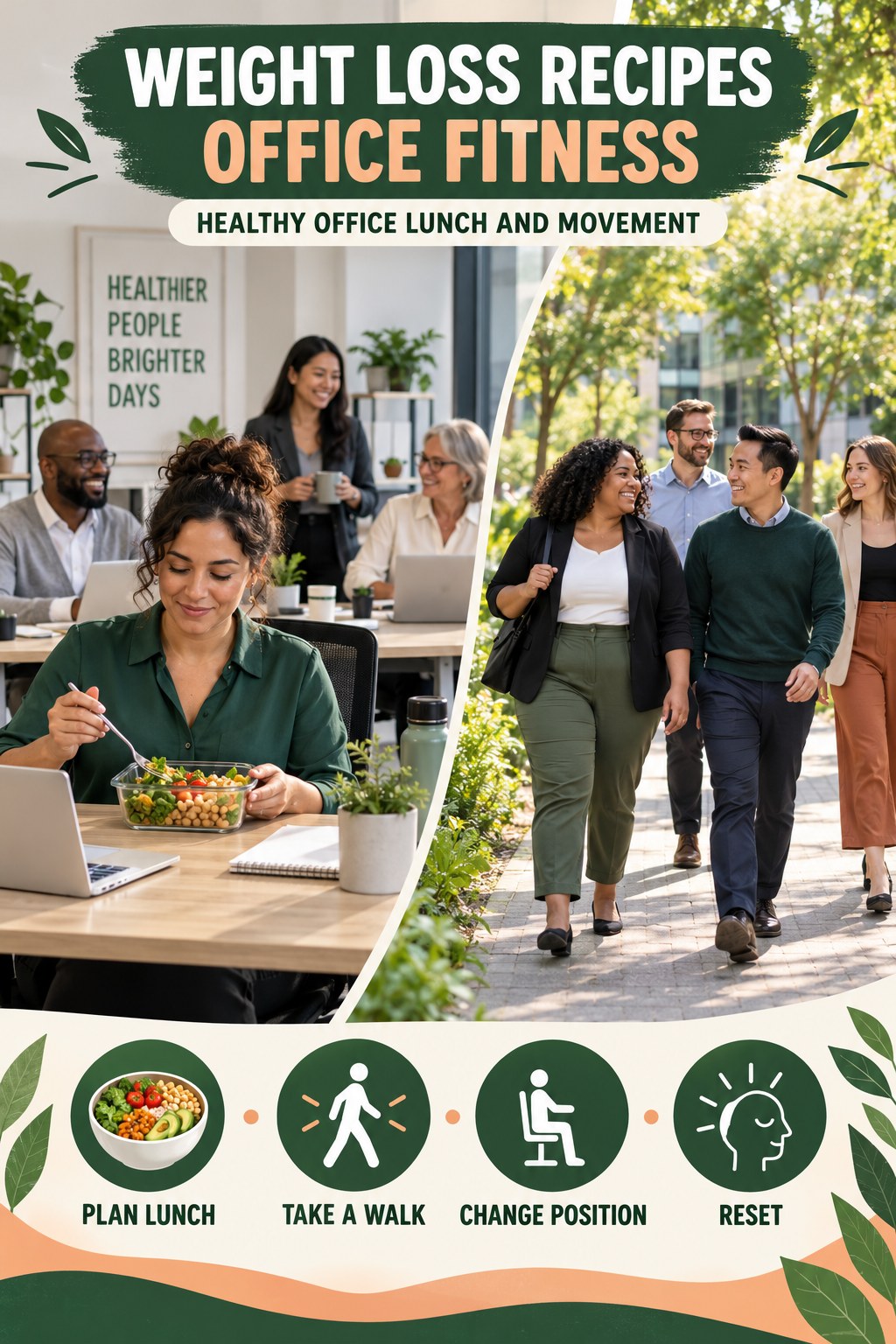Weight Loss Recipes office-fitness graphic titled Healthy Office Lunch and Movement with four practical workday movement prompts.