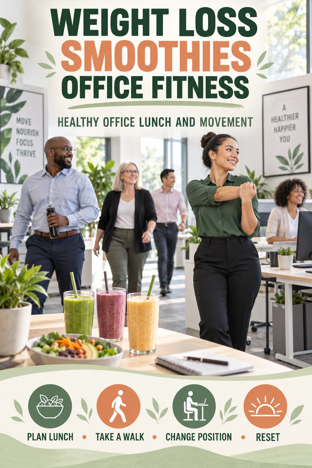 Weight Loss Smoothies office-fitness graphic titled Healthy Office Lunch and Movement with four practical workday movement prompts.