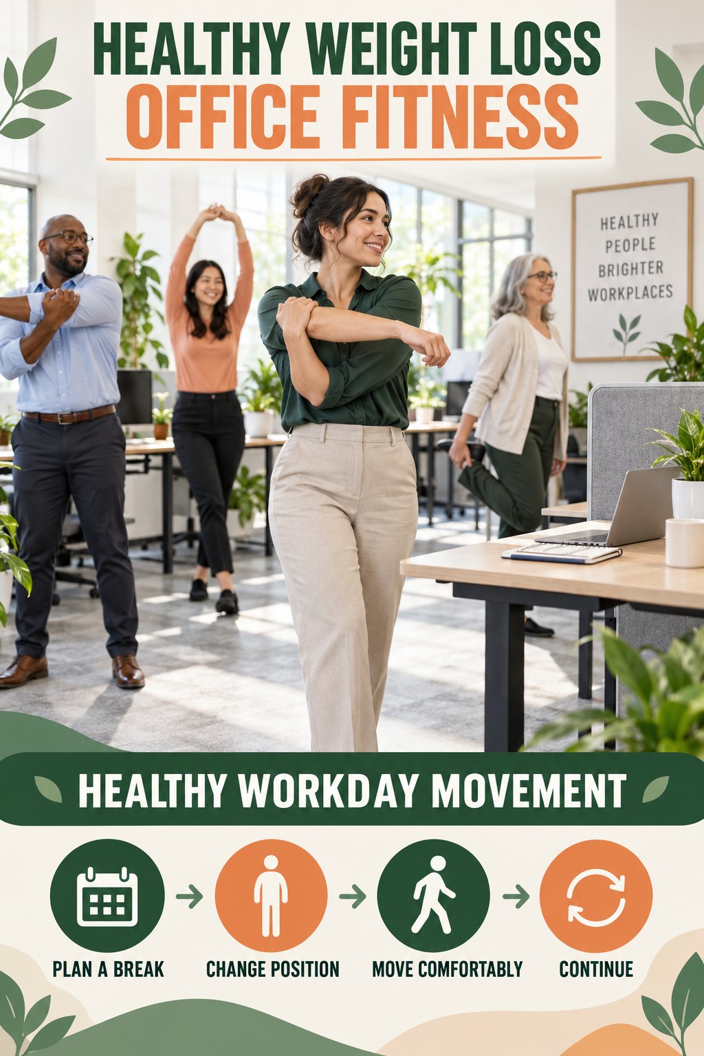 Healthy Weight Loss office-fitness graphic titled Healthy Workday Movement with four practical workday movement prompts.