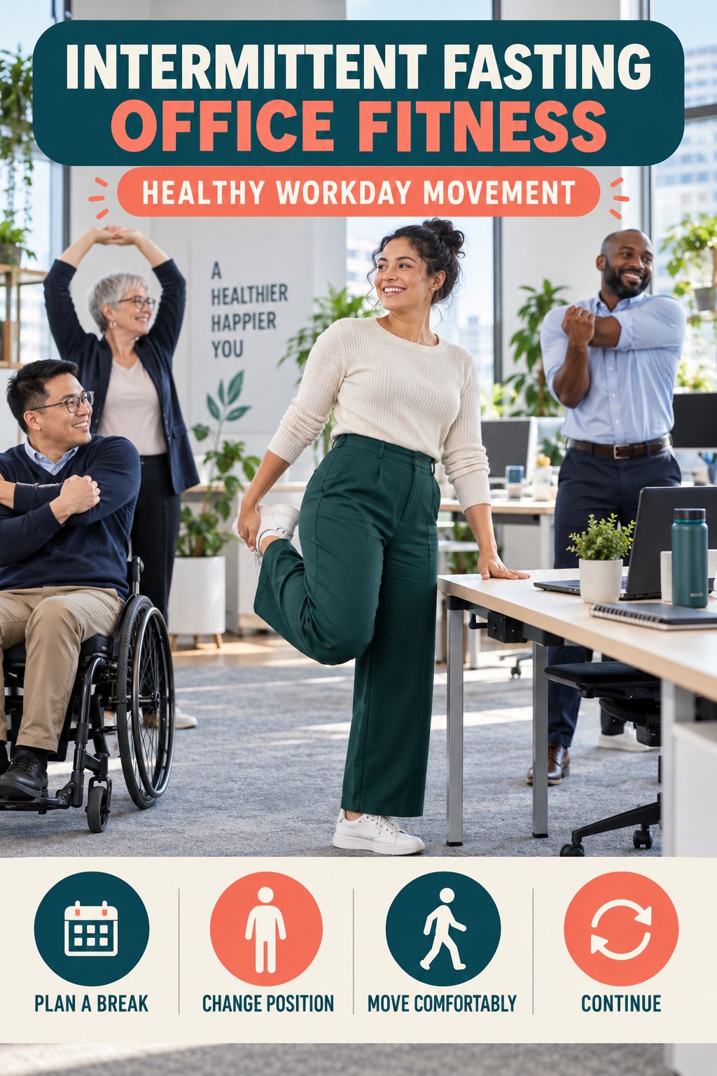 Intermittent Fasting office-fitness graphic titled Healthy Workday Movement with four practical workday movement prompts.