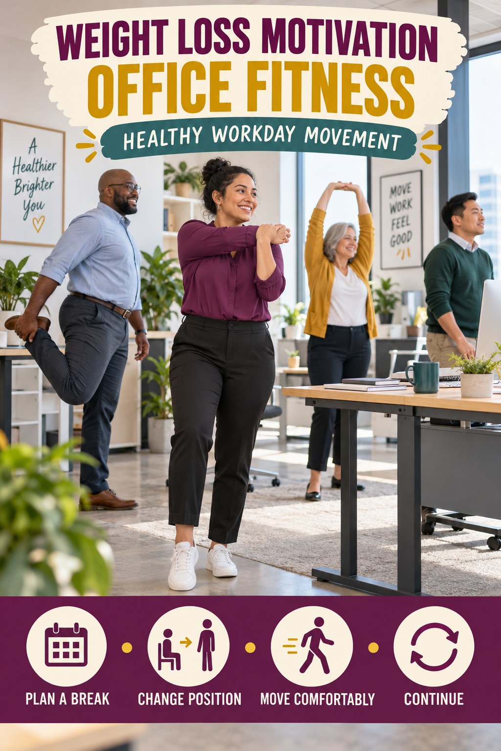 Weight Loss Motivation office-fitness graphic titled Healthy Workday Movement with four practical workday movement prompts.