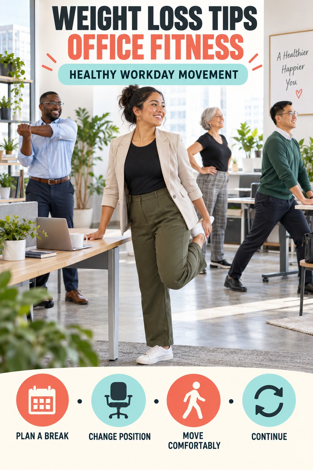Weight Loss Tips office-fitness graphic titled Healthy Workday Movement with four practical workday movement prompts.