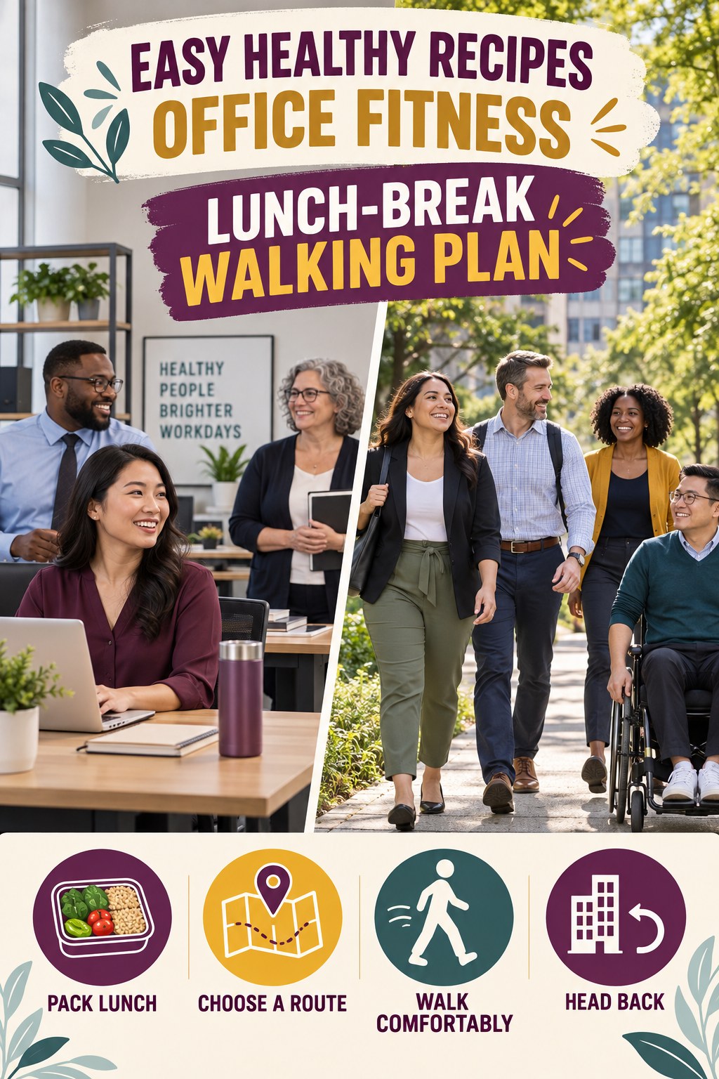 Easy Healthy Recipes office-fitness graphic titled Lunch-Break Walking Plan with four practical workday movement prompts.