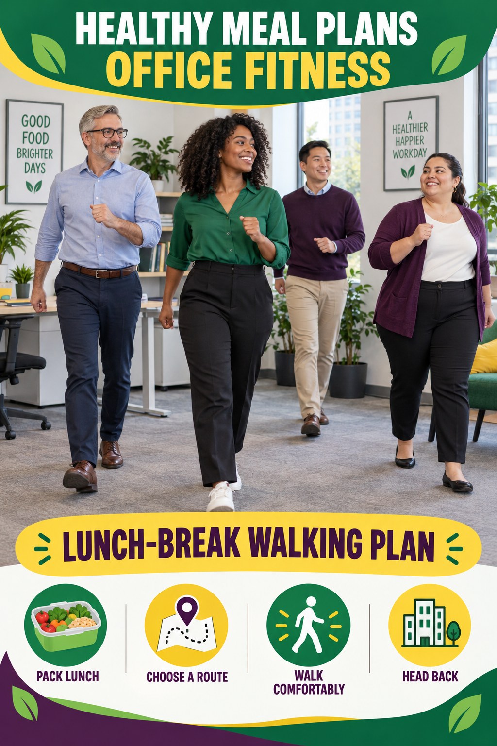 Healthy Meal Plans office-fitness graphic titled Lunch-Break Walking Plan with four practical workday movement prompts.