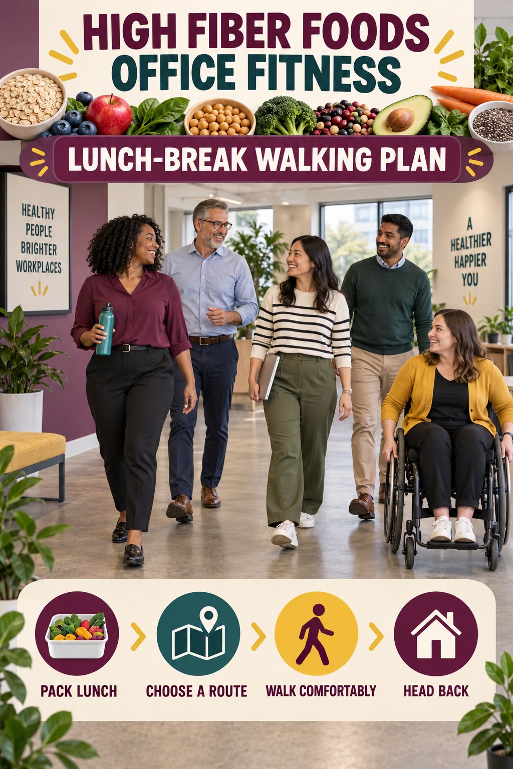 High Fiber Foods office-fitness graphic titled Lunch-Break Walking Plan with four practical workday movement prompts.