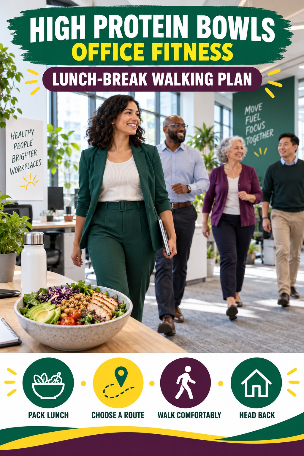 High Protein Bowls office-fitness graphic titled Lunch-Break Walking Plan with four practical workday movement prompts.