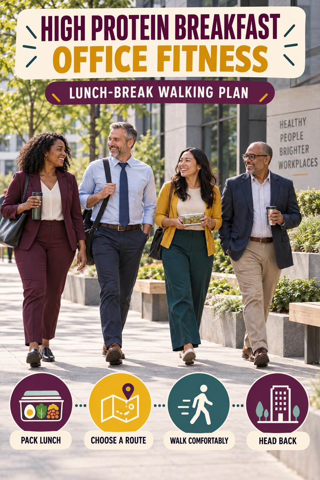 High Protein Breakfast office-fitness graphic titled Lunch-Break Walking Plan with four practical workday movement prompts.