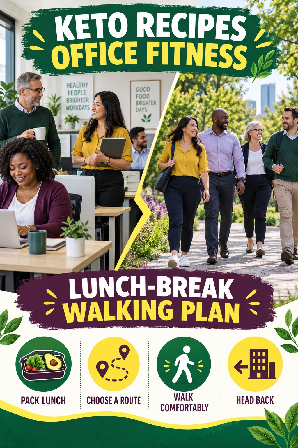 Keto Recipes office-fitness graphic titled Lunch-Break Walking Plan with four practical workday movement prompts.
