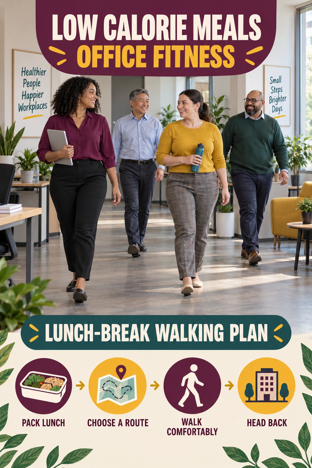 Low Calorie Meals office-fitness graphic titled Lunch-Break Walking Plan with four practical workday movement prompts.
