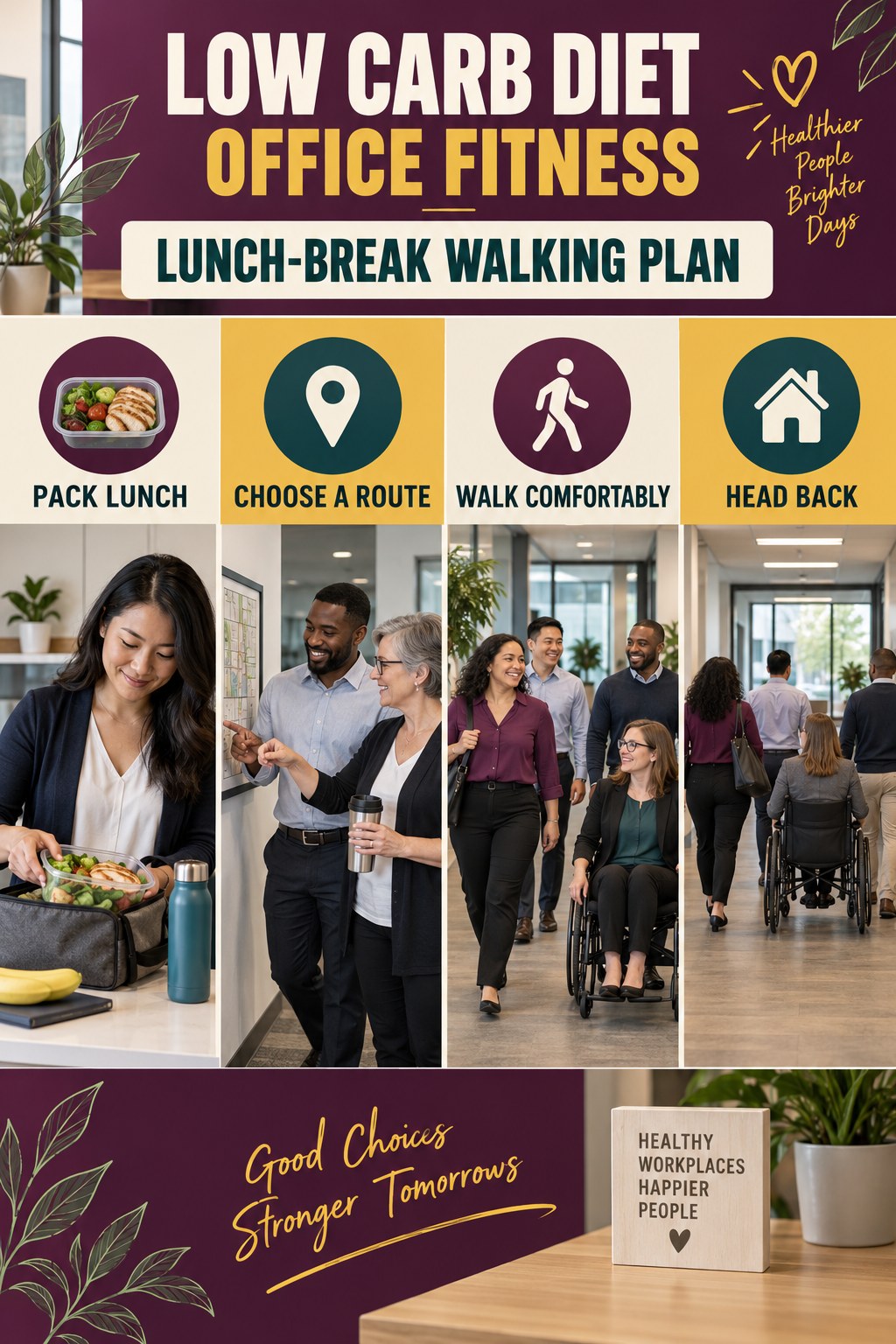Low Carb Diet office-fitness graphic titled Lunch-Break Walking Plan with four practical workday movement prompts.