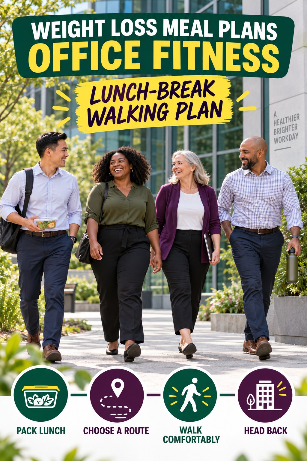 Weight Loss Meal Plans office-fitness graphic titled Lunch-Break Walking Plan with four practical workday movement prompts.