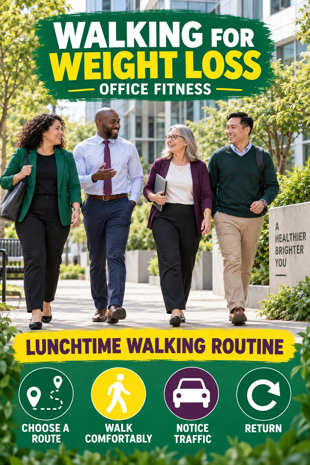 Walking for Weight Loss office-fitness graphic titled Lunchtime Walking Routine with four practical workday movement prompts.