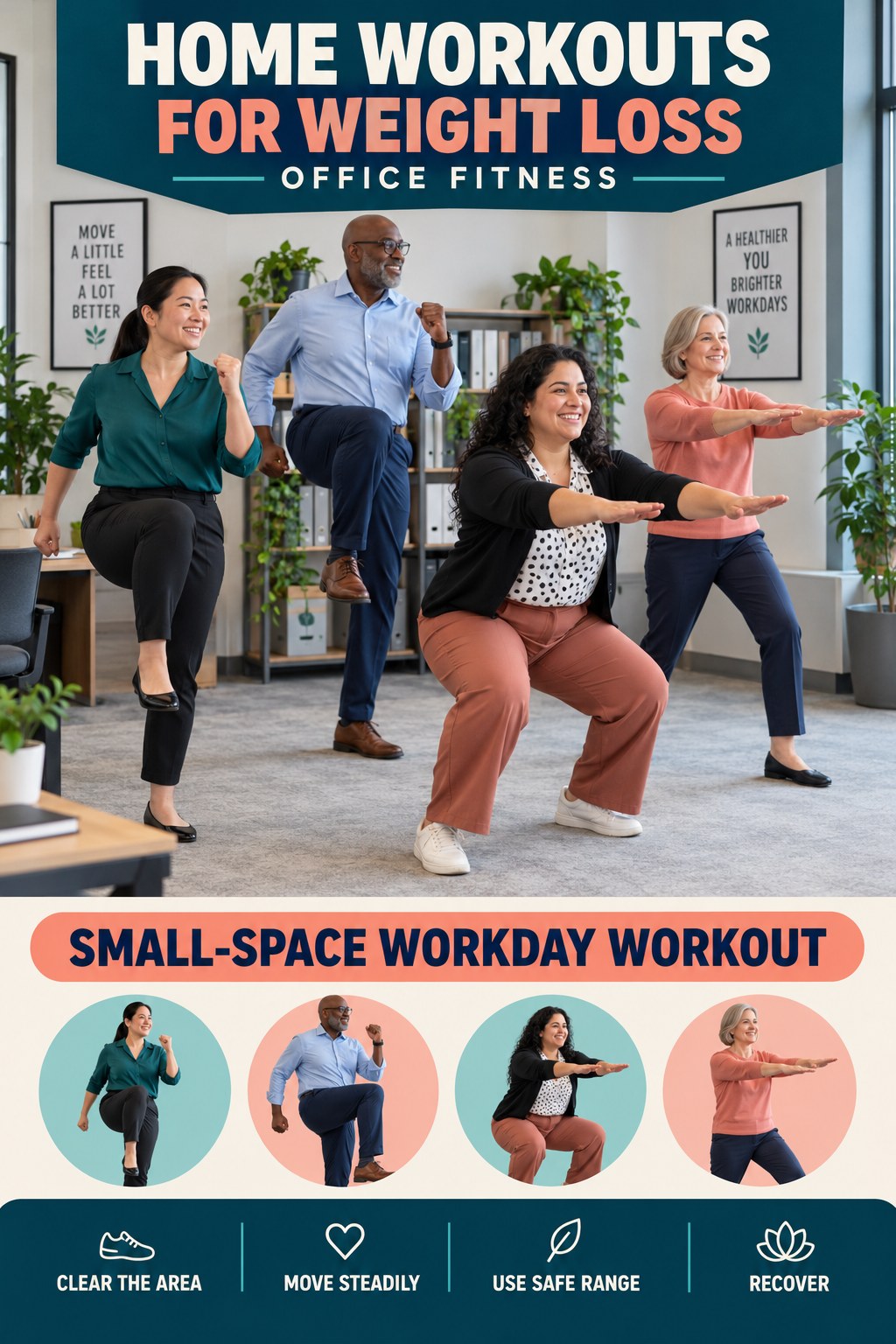 Home Workouts for Weight Loss office-fitness graphic titled Small-Space Workday Workout with four practical workday movement prompts.
