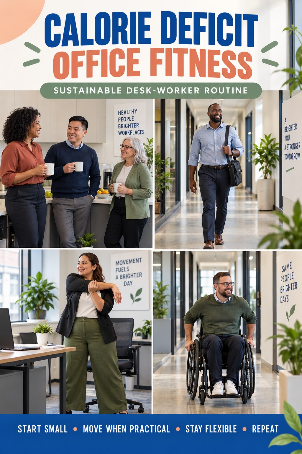 Calorie Deficit office-fitness graphic titled Sustainable Desk-Worker Routine with four practical workday movement prompts.