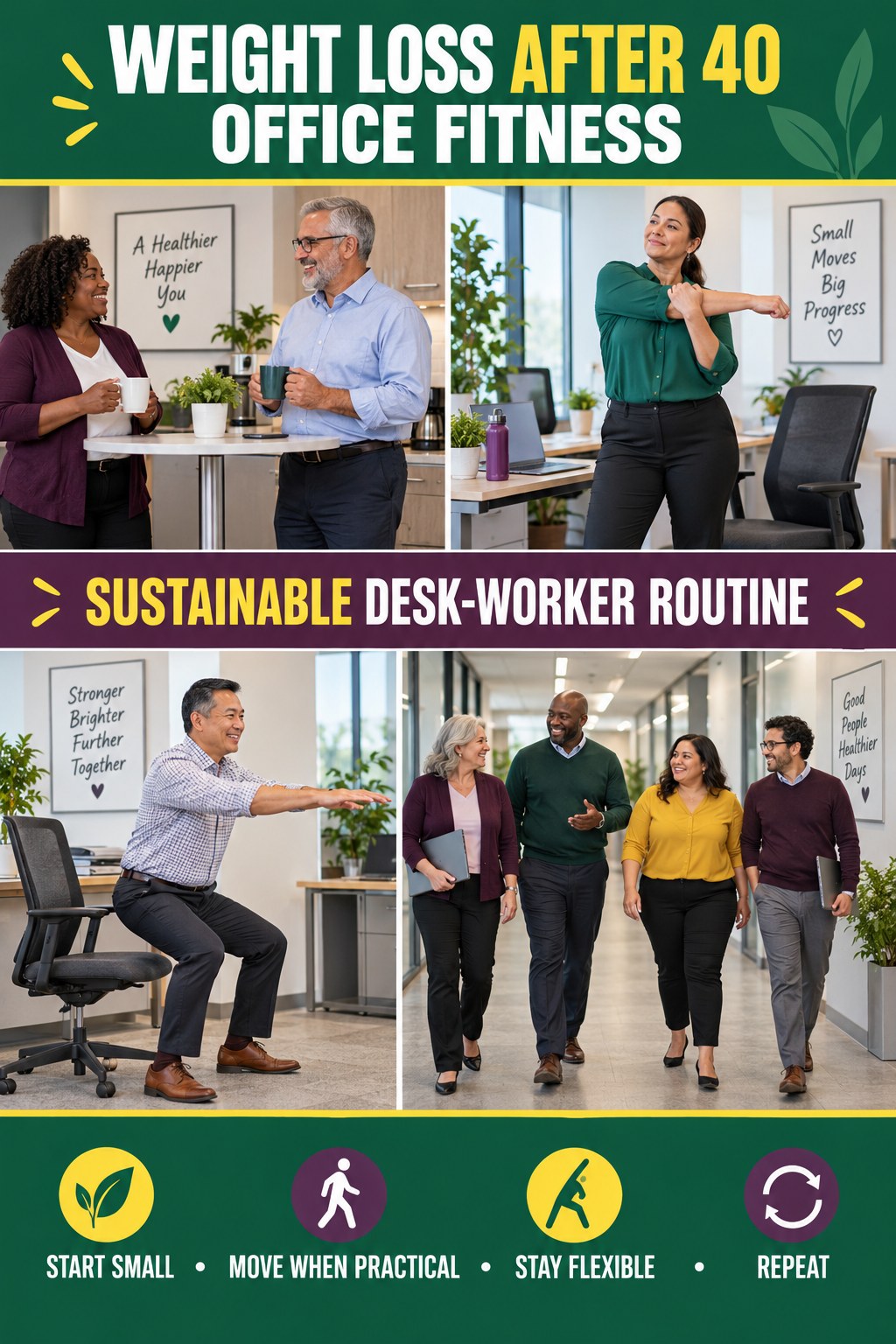 Weight Loss After 40 office-fitness graphic titled Sustainable Desk-Worker Routine with four practical workday movement prompts.