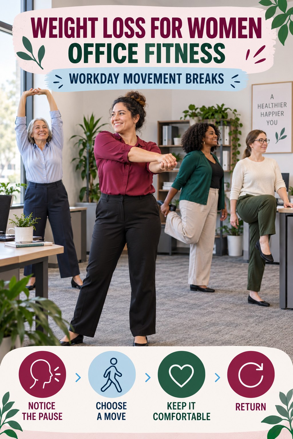 Weight Loss for Women office-fitness graphic titled Workday Movement Breaks with four practical workday movement prompts.