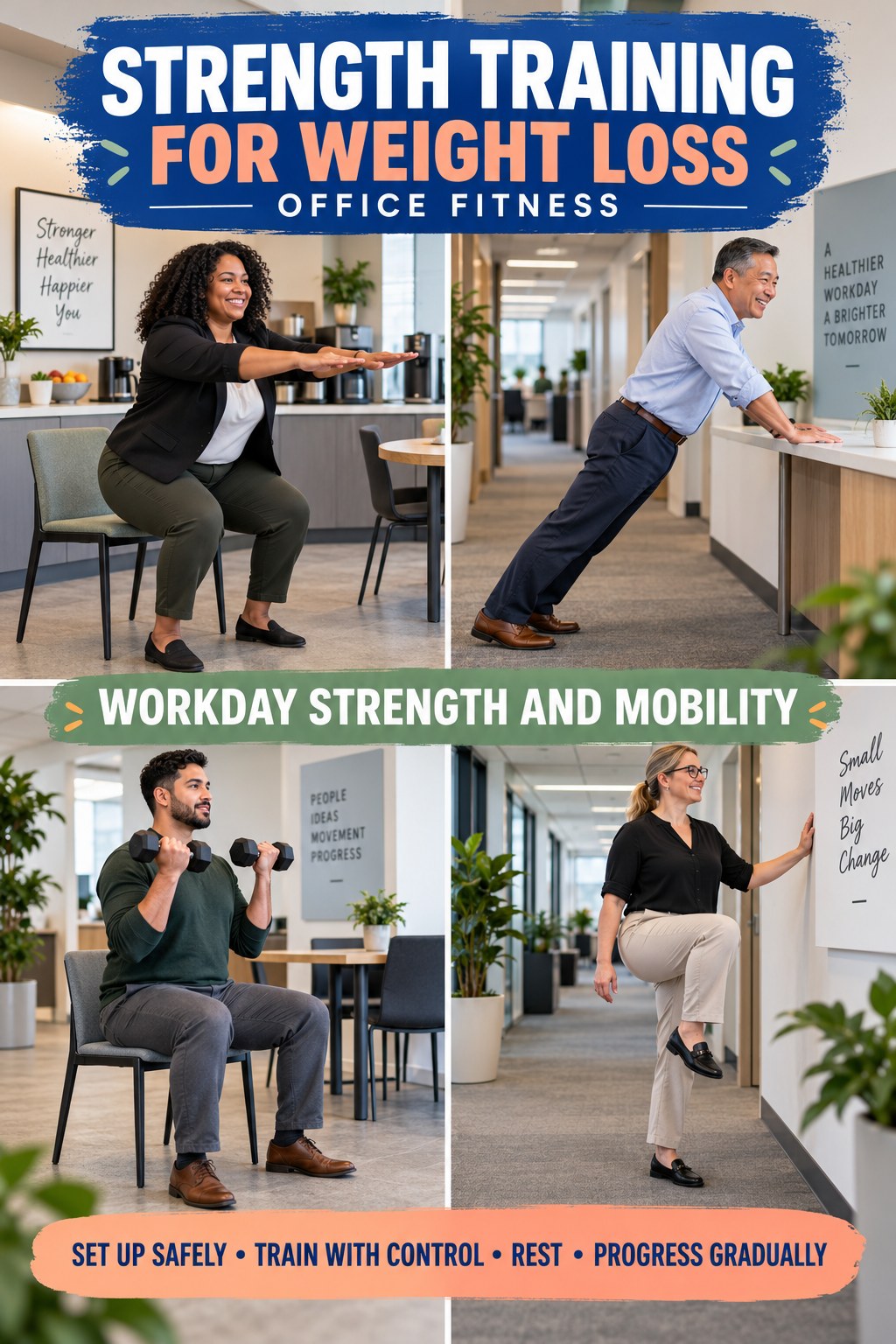 Strength Training for Weight Loss office-fitness graphic titled Workday Strength and Mobility with four practical workday movement prompts.