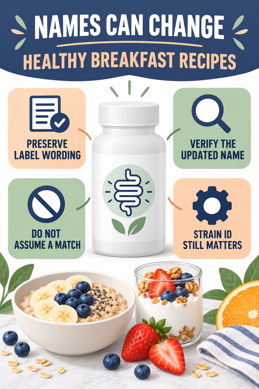 Old and Updated Probiotic Names infographic for Healthy Breakfast Recipes with four concise probiotic-label reading points.