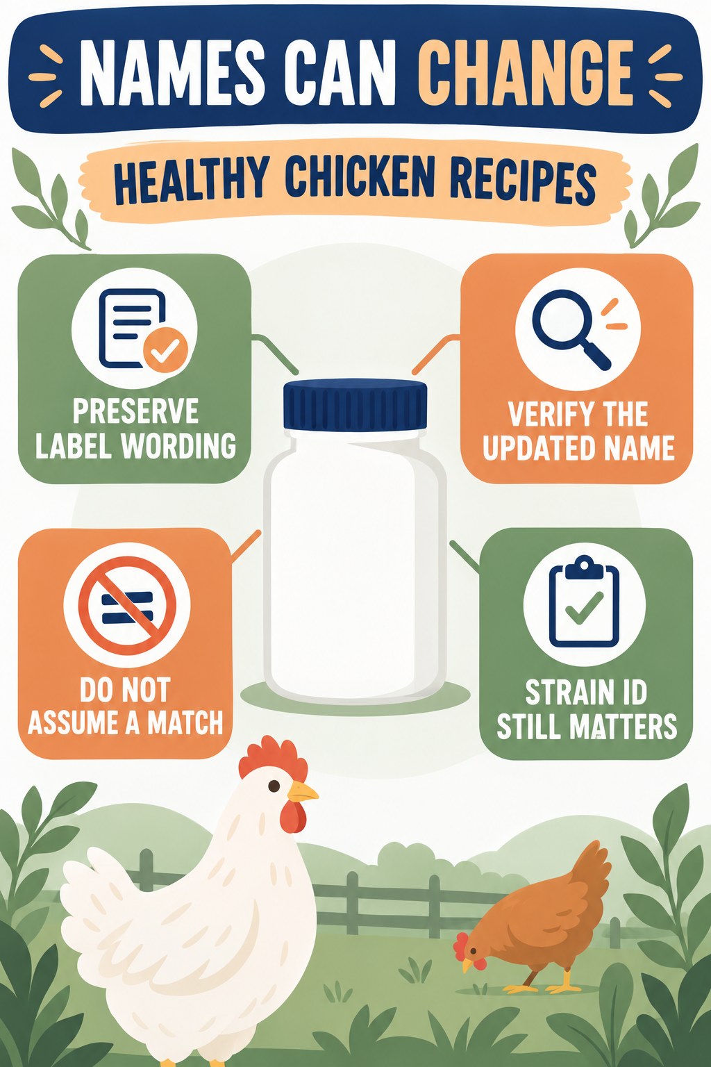 Old and Updated Probiotic Names infographic for Healthy Chicken Recipes with four concise probiotic-label reading points.