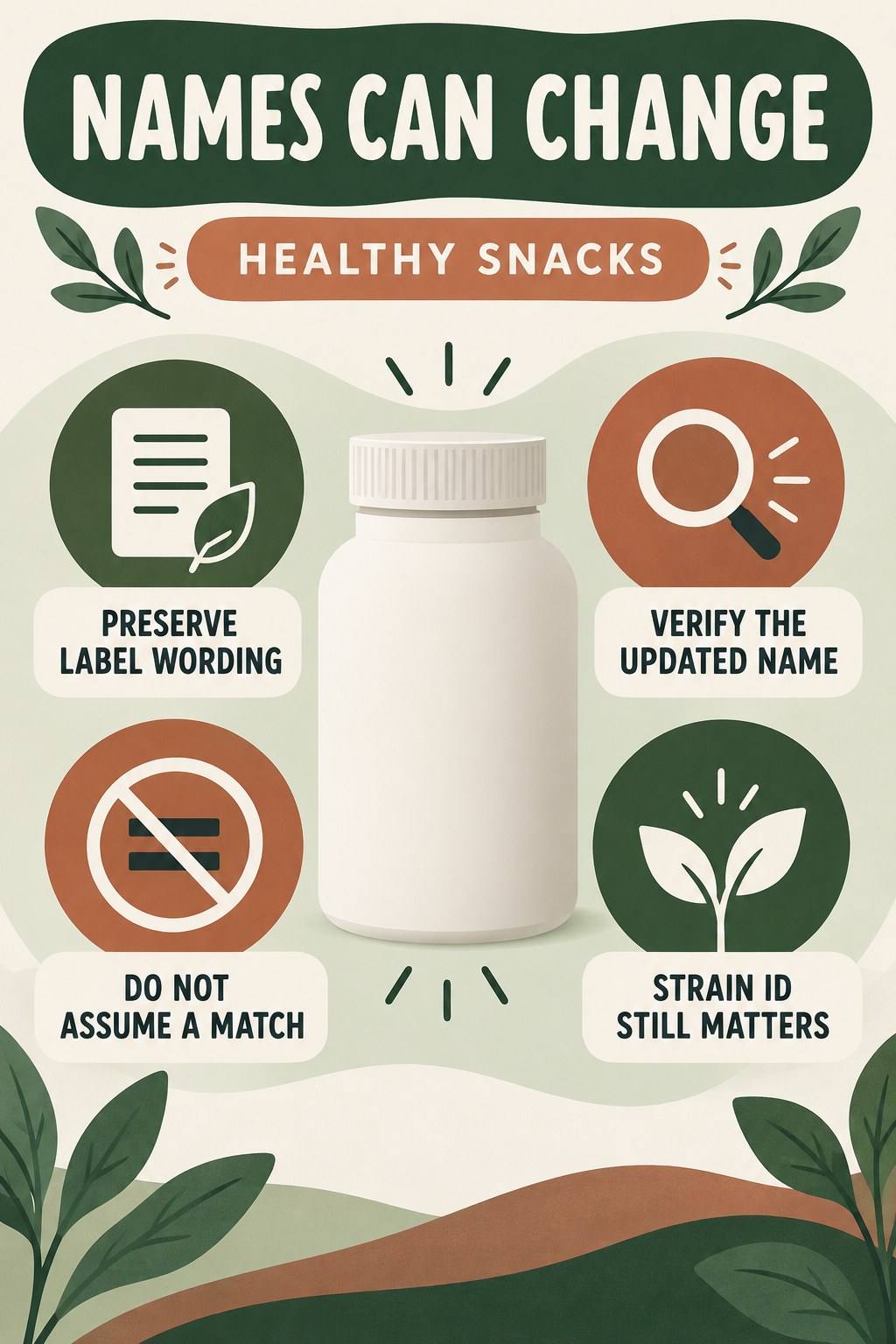 Old and Updated Probiotic Names infographic for Healthy Snacks with four concise probiotic-label reading points.