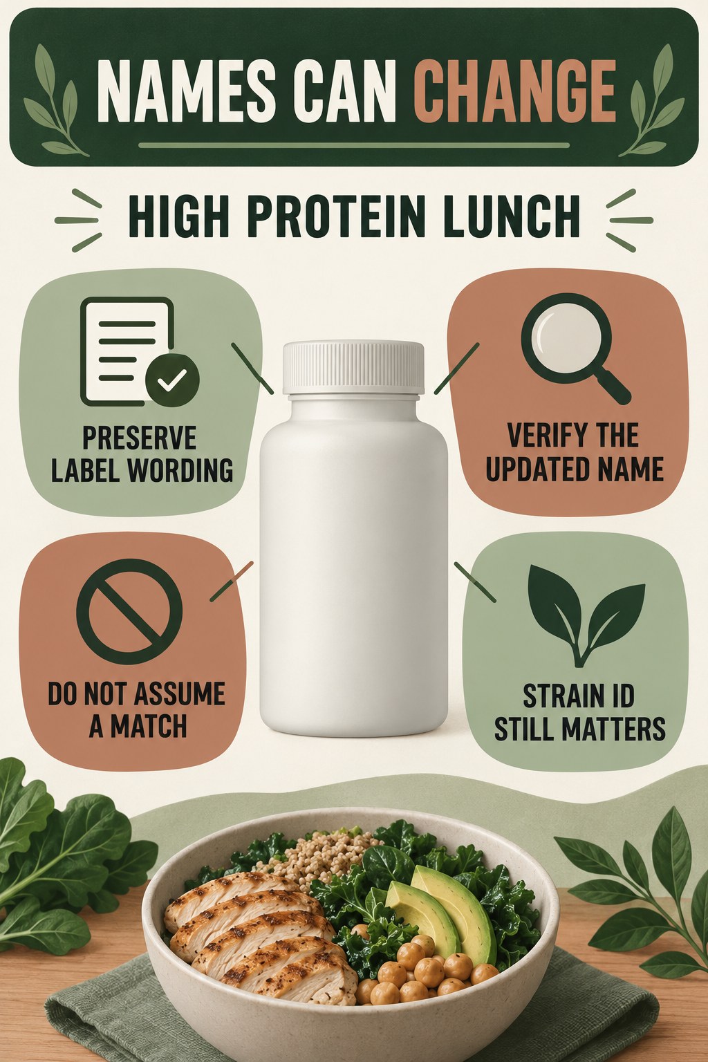 Old and Updated Probiotic Names infographic for High Protein Lunch with four concise probiotic-label reading points.