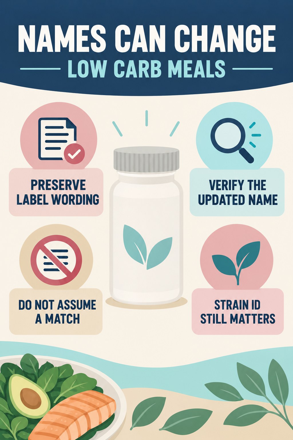 Old and Updated Probiotic Names infographic for Low Carb Meals with four concise probiotic-label reading points.