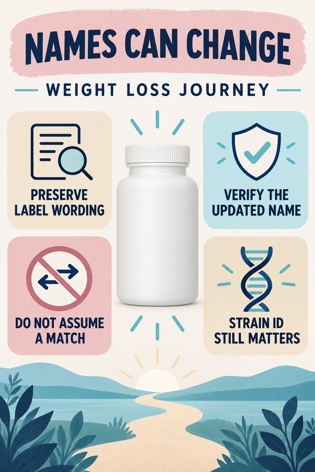 Old and Updated Probiotic Names infographic for Weight Loss Journey with four concise probiotic-label reading points.